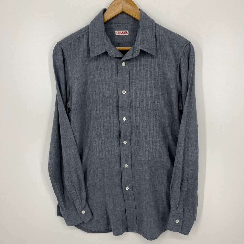 Organic by John Patrick Blue Grey Herringbone Organic Cotton Button Down Shirt 8